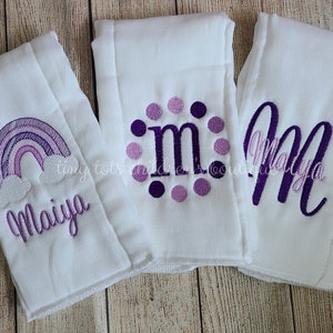 Set of 3 personalized baby burp cloths - Embroidered girl burp cloth set - Newborn baby shower gift - Rainbow baby - Purple Monogram