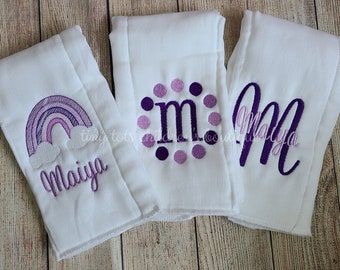 Set of 3 personalized baby burp cloths - Embroidered girl burp cloth set - Newborn baby shower gift - Rainbow baby - Purple Monogram