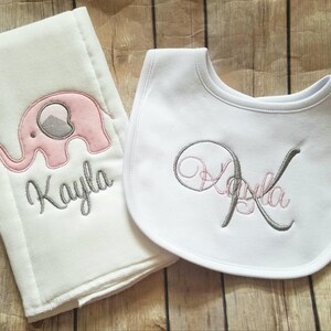 Baby Girl Bib and Burp Cloth Set- Personalized Baby Burp Cloth- Embroidered Bib - Elephant burp cloth set- baby shower gift- newborn girl