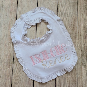 Embroidered white ruffle bib - Personalized baby girl bib in pink and gold - Custom baby shower gift - Newborn monogram bib - Monogrammed