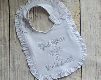 Christening Bib/Baptism Bib/Baby Girl/ Newborn/ Baby Shower/ Personalized Bib/Baby Dedication Bib/Ruffle Bib/ Embroidered/ Custom Bib/Girl