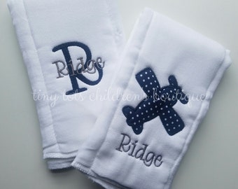 Set of 2 personalized baby boy newborn burp cloths - embroidered plane burp cloth set - monogram burp cloths - newborn - baby shower gift