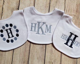 Personalized Bib Set - Boy Monogram Bib Set - Boy - Bib - Dot Initial Bib - Monogram Bib - Name Bib - Embroidered Boy Bib Set