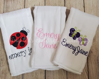 Custom Set of 3 Burp Cloths - Personalized Burp Cloth Set - Monogram Burp Cloth - Newborn - Baby Girl - Lady Bug - Butterfly Embroidered