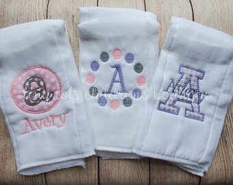 Set of 3 Personalized Baby Girl Burp Cloths - Embroidered Burp Cloth Set - Newborn Monogram Burp Cloth - Girl - Baby Shower Gift - Purple