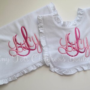 Personalized Ruffle Baby Girl Ruffle Bib and Burp Cloth - Embroidered Bib and Burp Cloth - Monogram Bib Burp Cloth - Baby Shower Gift