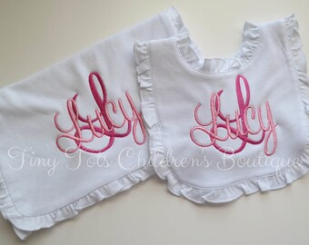 Personalized Ruffle Baby Girl Ruffle Bib and Burp Cloth - Embroidered Bib and Burp Cloth - Monogram Bib Burp Cloth - Baby Shower Gift