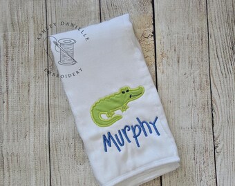 Personalized Alligator Burp Cloth | Embroidered Alligator Baby Burp Cloth | Custom Baby Boy Gift | Southern Baby Shower Gift | Crocodile