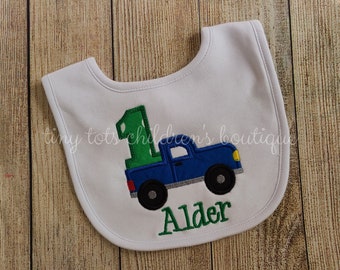 Personalized Boy Birthday Bib - Embroidered Truck First Birthday Bib - Monogram - Custom Birthday - Truck First Birthday - Boy 1st Birthday