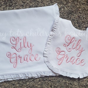 Embroidered Ruffle Burp Cloth and Bib Set - Monogram Ruffle Burp Cloth - Newborn Gift Set - Monogram Girl Set - Baby Shower Gift - Pink