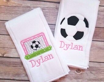 Set of 2 personalized girl burp cloths - Newborn - Baby Shower Gift - Soccer Embroidered Burp Cloth Set - Monogram Baby Girl Burp Cloth Set