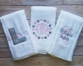 Set of 3 Personalized Baby Girl Burp Cloths - Embroidered Burp Cloth Set - Newborn Monogram Burp Cloth - Girl - Baby Shower Gift - Pink Gray