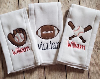 Set of 3 personalized boy burp cloths - newborn embroidered burp cloth set - baseball bat mitt football - custom monogram baby shower gift