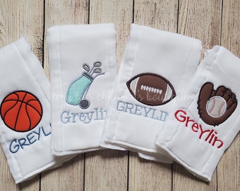 Set of 4 personalized embroidered burp cloths - personalized sports burp cloth set - boy burp cloth - basketball football baseball golf baby