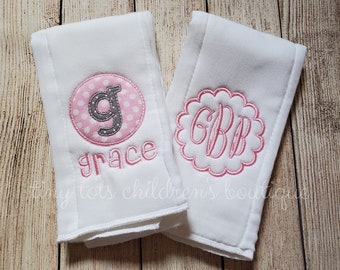 Set of 2 Personalized Burp Cloths - Embroidered Burp Cloth Set - Monogram Burp Cloth - Custom Burp Cloth Set - Pink - Gray - Newborn Girl