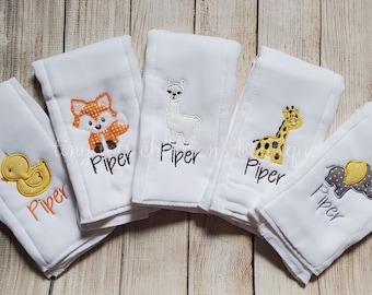Set of 5 Personalized Burp Cloths - Embroidered Burp Cloth Set - Gender Neutral Baby Shower Gift - Duck - Giraffe - Elephant - Llama - Fox