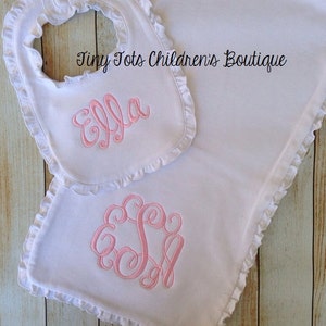 Embroidered Ruffle Burp Cloth and Bib Set - Monogram Ruffle Burp Cloth - Newborn Gift Set - Pink Monogram Girl Set - Baby Shower Gift