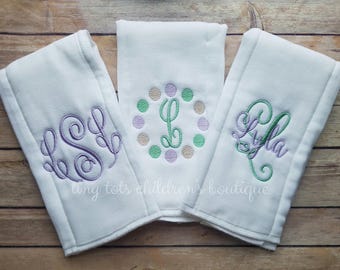 Set of 3 Personalized Baby Girl Burp Cloths - Newborn - Monogram Burp Cloth - Lavender Mint Burp Cloth - Embroidered Burp Cloth Set - Girl