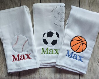Set of 3 embroidered sports burp cloths, personalized boy burp cloth set, newborn, baby shower gift, custom monogram gift, baseball, soccer