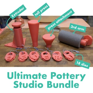May include: An Ultimate Pottery Studio Bundle featuring various coral-colored pottery tools, including an extruder, tall press, press attachment, and a 3rd arm. The set includes 18 dies and is designed for pottery enthusiasts. The text "Ultimate Pottery Studio Bundle" is displayed.