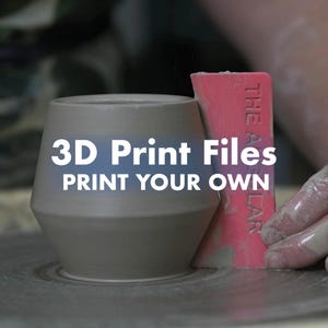 May include: A grey clay vessel being shaped on a pottery wheel with a pink rectangular rib tool. The text 3D Print Files PRINT YOUR OWN is overlaid on the image. The pink tool features the embossed text THE ASLAR.