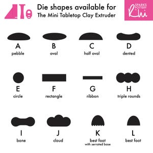 All dies available for the Mini Tabletop Clay Extruder. Handle shaped extruder dies.