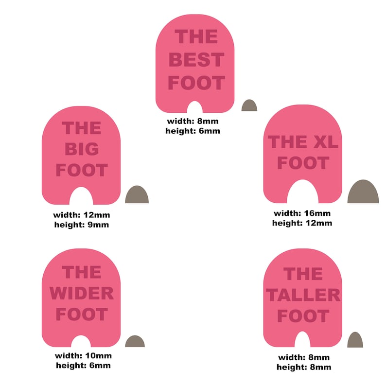 May include: Five pink foot-shaped signs with different sizes and text. The signs read "The Best Foot", "The Big Foot", "The XL Foot", "The Wider Foot", and "The Taller Foot". Each sign has a measurement in millimeters for width and height.
