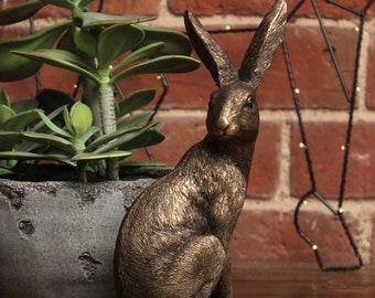 Gold Hare Ornament, Sitting Hare Rabbit Antique Finish, Brass/Bronze Antique Style Collectable Decor Wildlife Animal Ornament