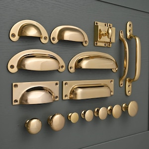 Solid Polished Brass Cabinet Handles & Knobs | Kitchen Cupboard Door Drawer Pulls | Shaker Style