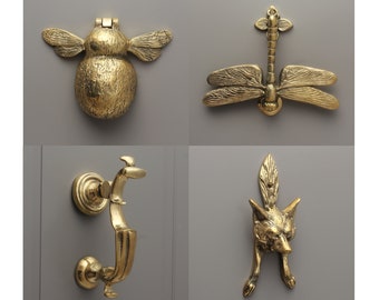 Antique Brass Door Knockers - Solid Victorian English Country Cottage Gold Bee Doctors Dragonfly Bat Fox Decorative UK British Made Quality