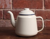 Enamel Tea Pot - Teapot Solid Made Traditional Vintage Retro English Country Cottage Kitchen Style Cream Ivory Blue Rim French Style QUALITY