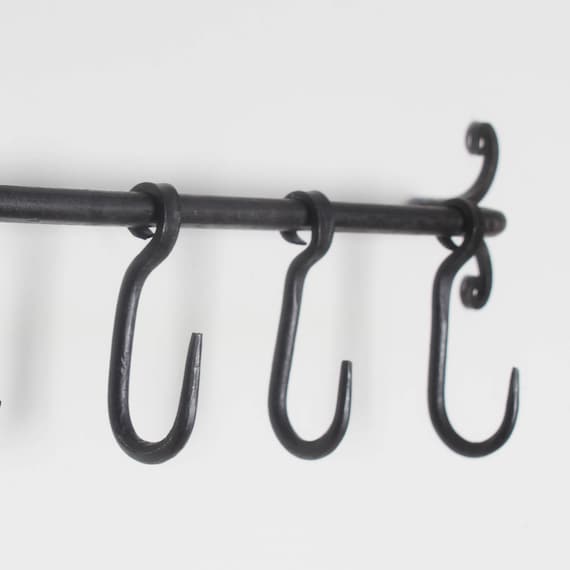 Forged Iron Hanging Hooks Kitchen Hanger Black Handmade Sliding Hooks Cup  Utensil Pot Pan Hanging Rack Butchers Hooks Black Old Antique 