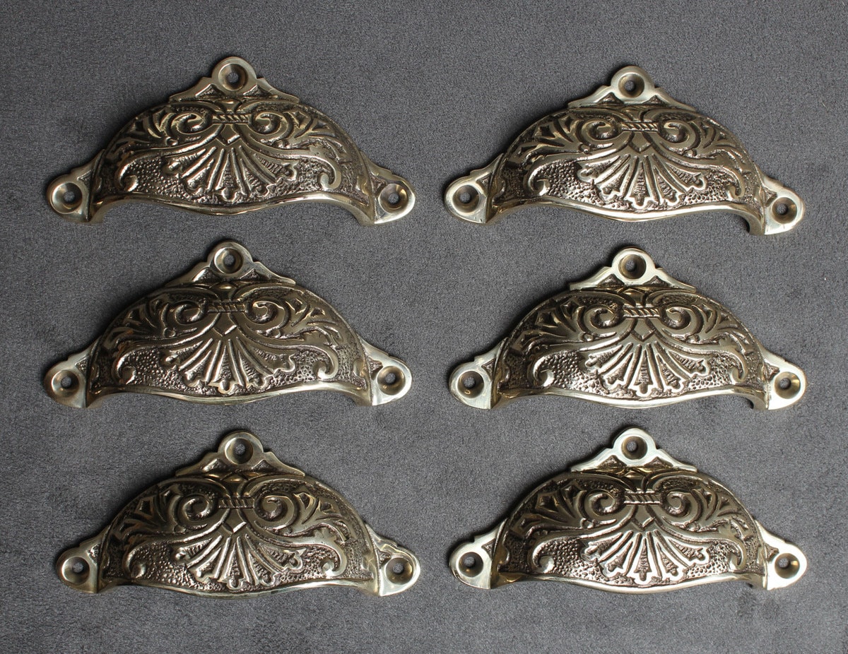 6 x Victorian Brass Cup Bin Pull Handles Drawer Pulls