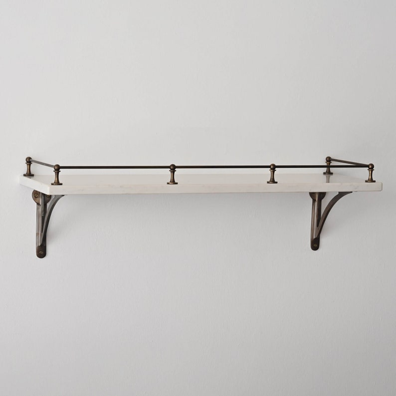 Aged Brass Gallery Fiddle Tipping Rail with Marble Shelf and Brass Shelf Brackets