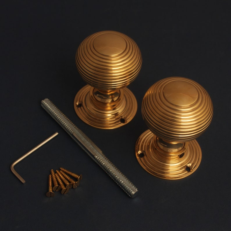 Set von 2 Messing Beehive Türgriffe 50mm Antike alte Periode traditionelle Stil Messing & Einsteckschloss Rim Lock Griffe Qualität Als Paar verkauft. Bild 6