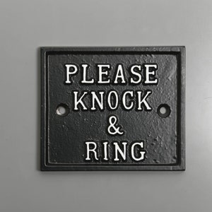 Vintage Please Knock & Ring Front Door Sign - Old Antique Style Sign Plaque Solid Cast Metal - Black Victorian Door