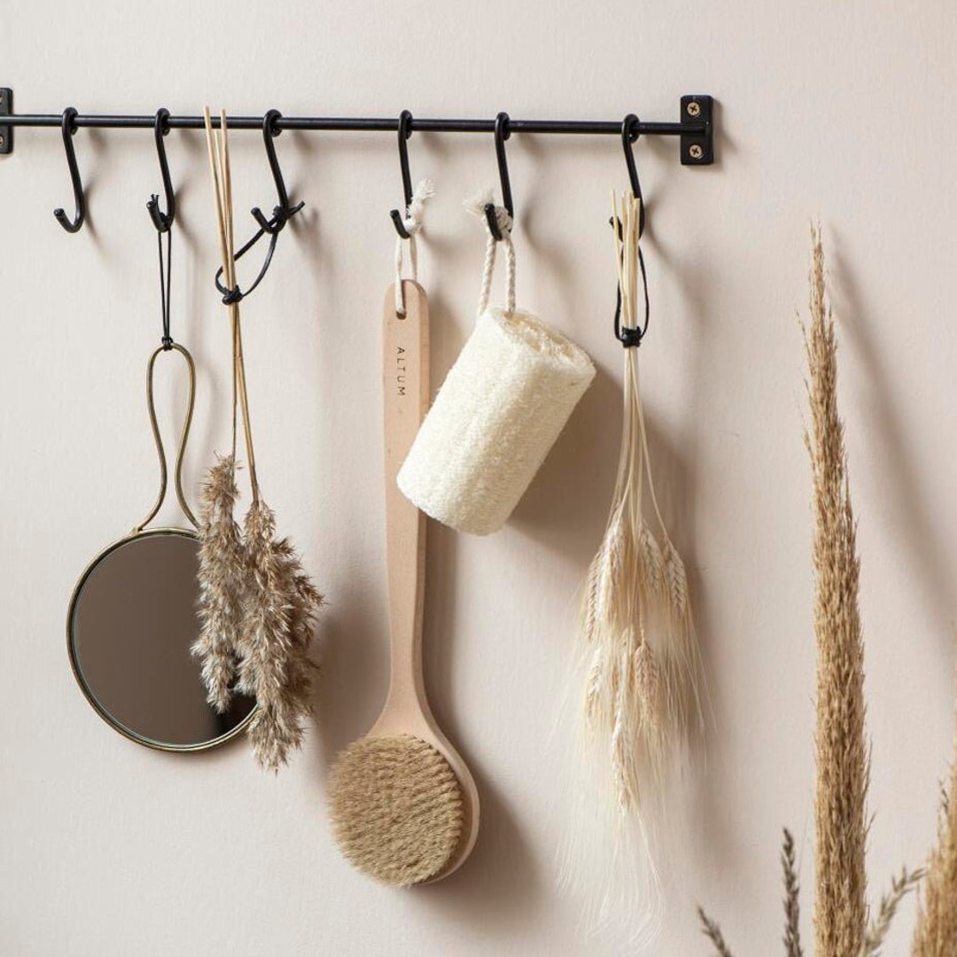 Black Kitchen Utensil Rail 6 Sliding Hooks Utensils Tea Towels Wall