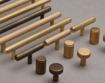 Solid Brass Knurled Pull Handles & Knobs | Kitchen Cabinet Cupboard Handles Modern Polished Aged Satin Brass Finishes Heavy Quality