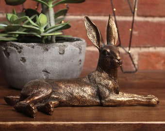 Ornement de lièvre doré | Lièvre couché, lapin, finition antique, ornement d'animal sauvage en laiton/bronze de style antique