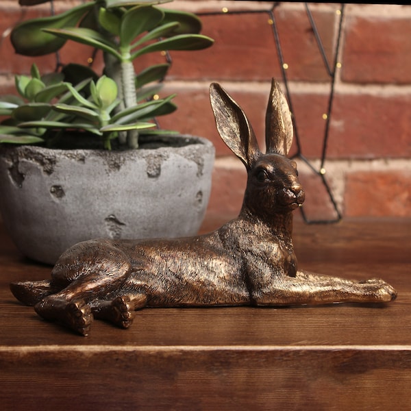 Gold Hare Ornament | Lying Hare Rabbit Antique Finish, Brass/Bronze Antique Style Collectable Decor Wildlife Animal Ornament