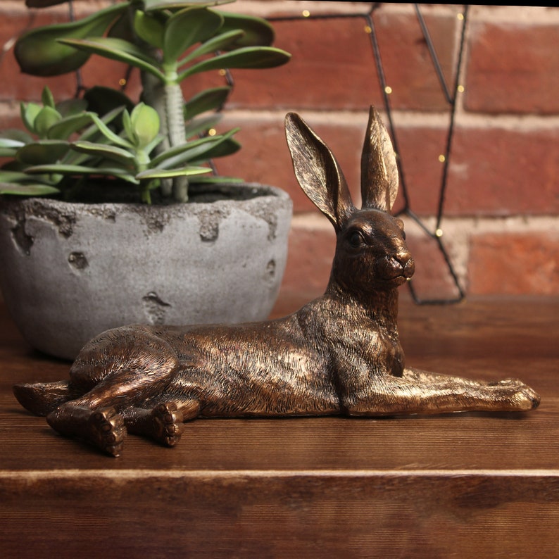 Gold Hare Ornament Lying Hare Rabbit Antique Finish, Brass/Bronze Antique Style Collectable Decor Wildlife Animal Ornament image 1