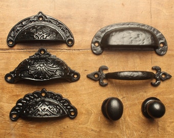 Victorian Cast Iron Cup Pull Handles & Knobs Black ~ Rustic Heavy Cabinet Kitchen Cupboard Door Drawer Handles Antique Old Style UK