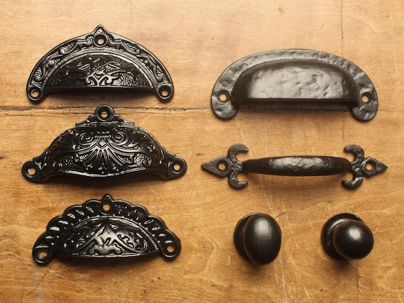 Victorian Cast Iron Cup Pull Handles & Knobs Black Rustic Heavy Cabinet  Kitchen Cupboard Door Drawer Handles Antique Old Style UK 