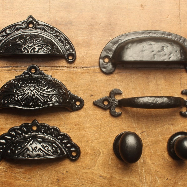 Victorian Cast Iron Cup Pull Handles & Knobs Black ~ Rustic Heavy Cabinet Kitchen Cupboard Door Drawer Handles Antique Old Style UK