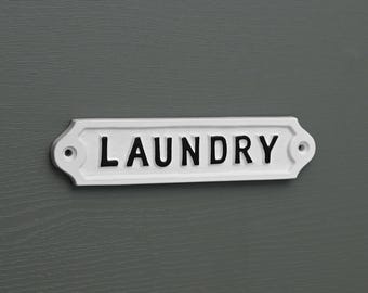 Vintage Laundry Sign - Cast Metal Door Sign Brass Black & White Handpainted Painted Signs