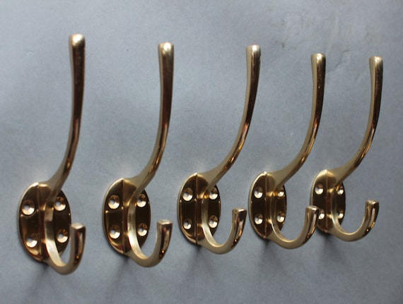 5 X Solid Brass Wall Hooks. Vintage Style Bathroom Bath Towel