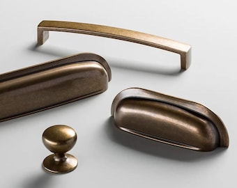 Aged Brass Cupboard Handles & Knobs - Kitchen Cabinet Door Drawer Shaker Minimal Style Brass Old Gold Cup Pull Handles Knobs D