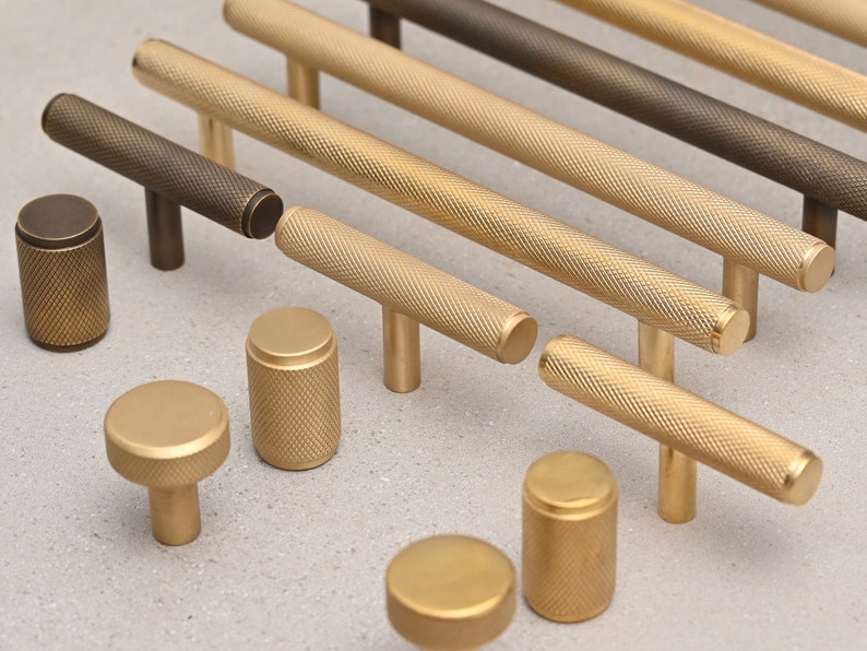 Solid Brass Knurled Pull Handles & Knobs Kitchen Cabinet Cupboard Handles Modern Polished Aged Satin Brass Finishes Heavy Quality image 3