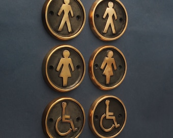 Insignes de porte de toilette en laiton massif/bronze - enseignes vintage victoriennes antiques de salle de bains pour toilettes en fonte pour femmes, hommes, toilettes, toilettes