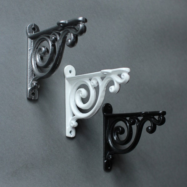 Pair of Small 4" Inch Antique Cast Iron Victorian Ornate Wall Brackets, Shelve, Book, Cistern, Shelving Brackets  - Pewter, White, Black